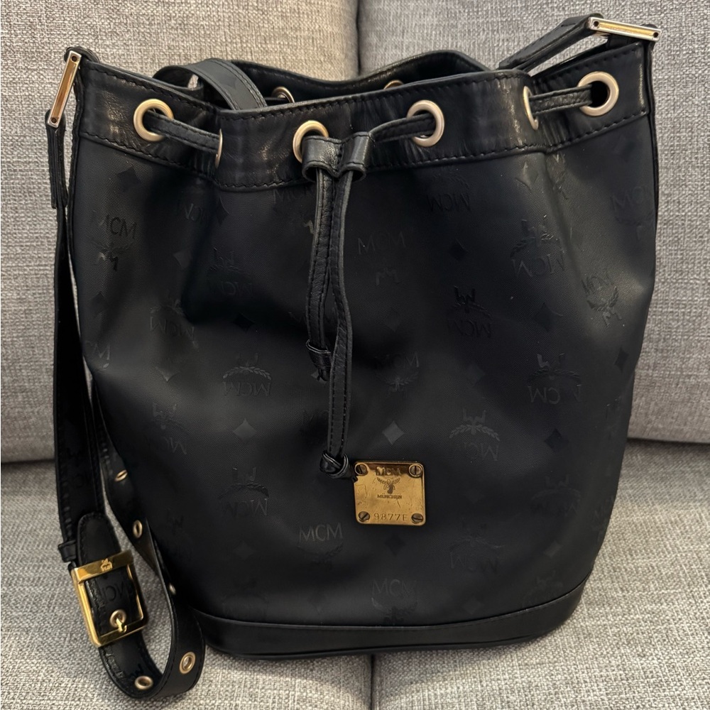 MCM Black Bucket Drawstring Leather Bag